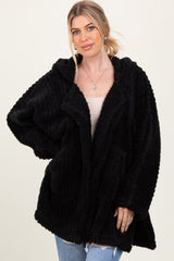 Black Fuzzy Slit Hem Hooded Cardigan