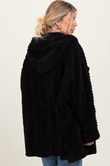 Black Fuzzy Slit Hem Hooded Cardigan