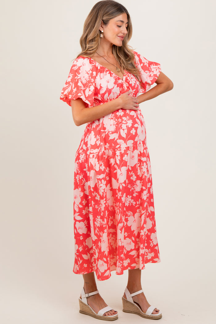 Coral Bubble Short Sleeve Maternity Maxi Dress W/ Side Pocket