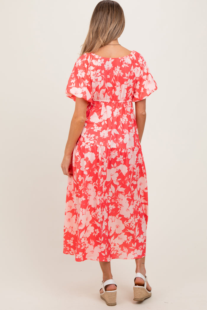 Coral Bubble Short Sleeve Maternity Maxi Dress W/ Side Pocket