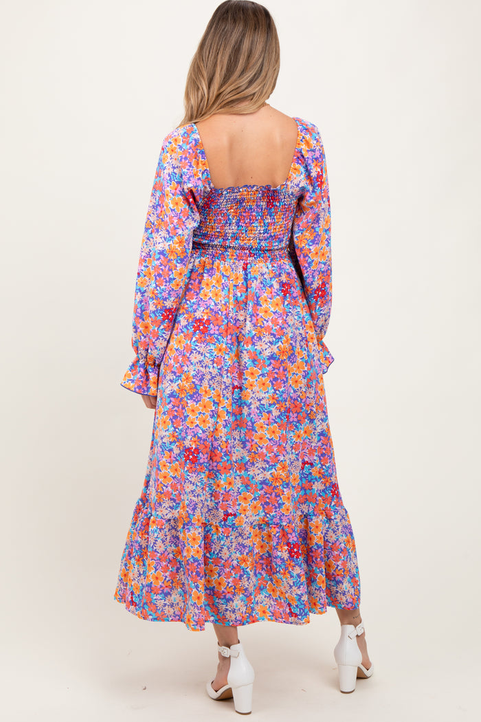 Lavender/Coral Smocking Fit And Flare Maternity Maxi With Side Pockets