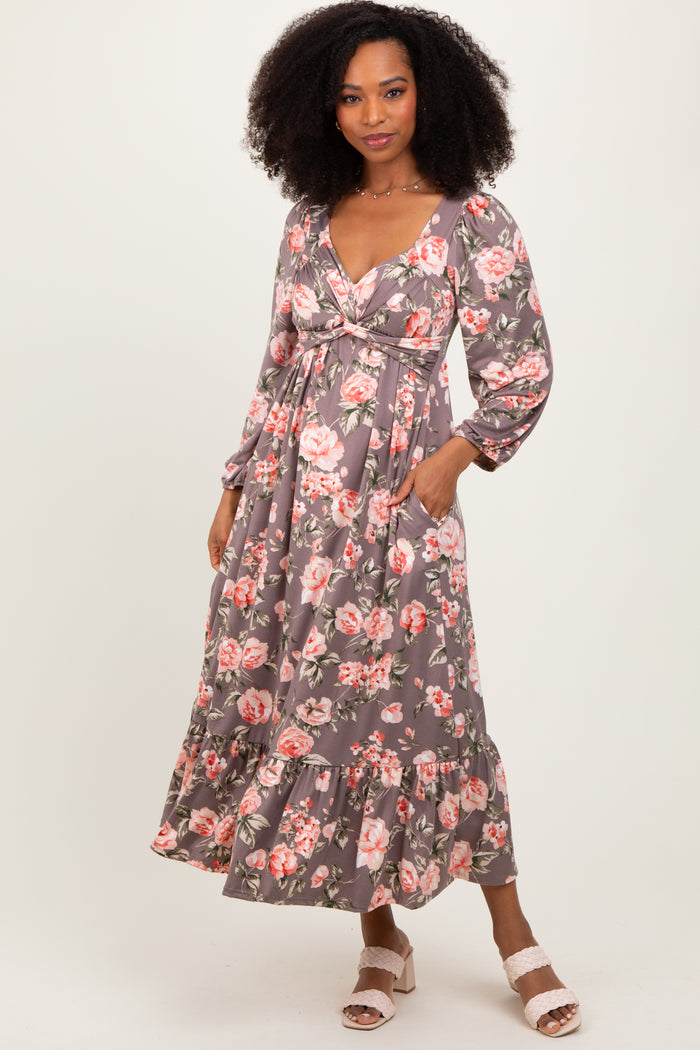 Mauve Blush Sweetheart Neckline Maternity Maxi With Side Pockets