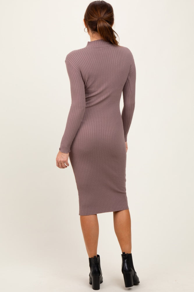 Mocha Ribbed Knit Mock Neck Long Sleeve Midi Dress