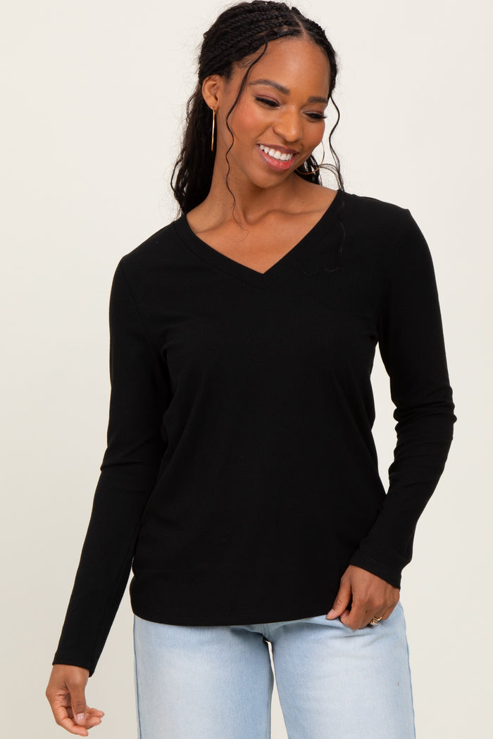 Black Ribbed Knit V-Neck Maternity Long Sleeve Top