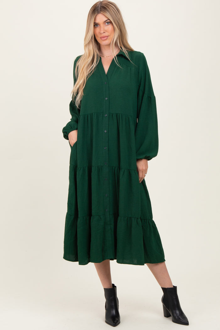 Forest Green Tiered Button Down Long Sleeve Maternity Maxi Dress