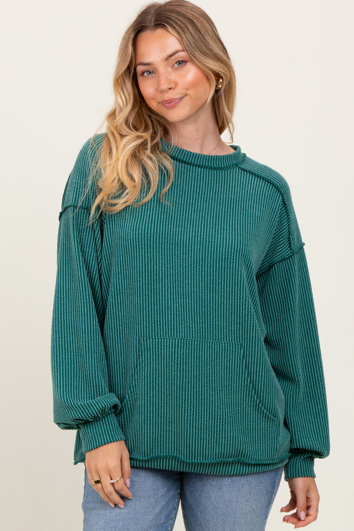 Forest Green Ribbed Knit Front Pocket Maternity Pullover