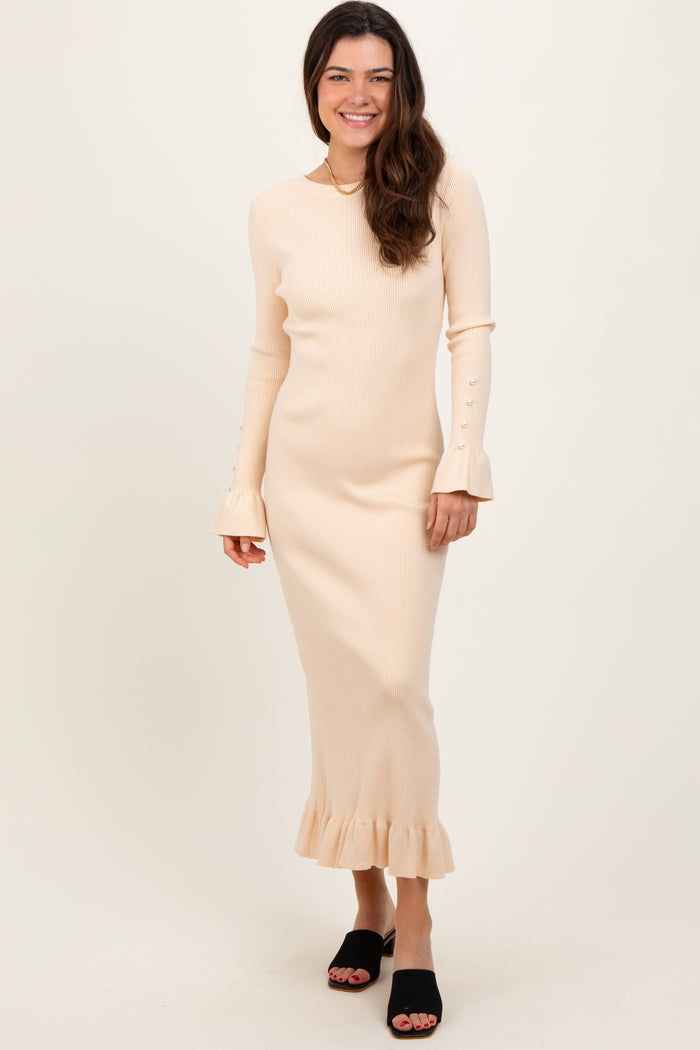 Light Yellow Ribbed Knit Bow Back Maternity Maxi Dress