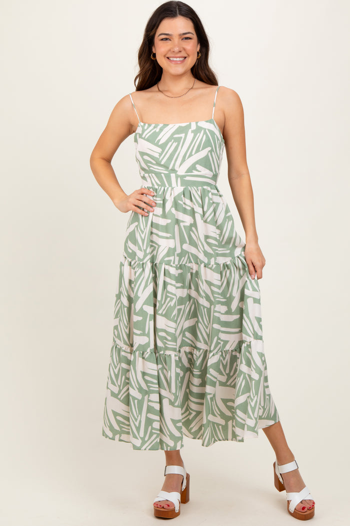 Light Olive Printed Cutout Tie Back Tiered Maternity Midi Dress