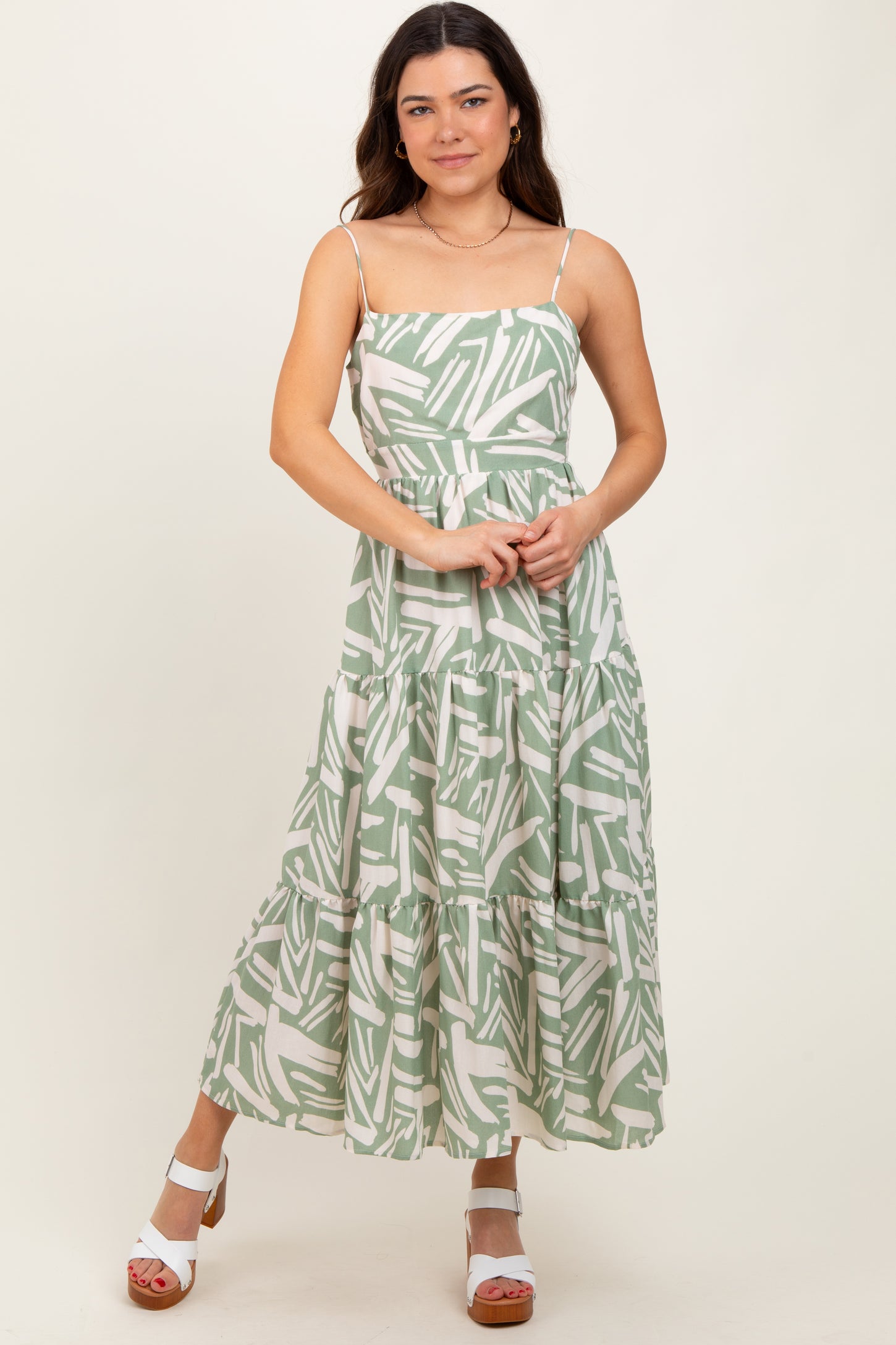 Light Olive Printed Cutout Tie Back Tiered Midi Dress