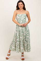 Light Olive Printed Cutout Tie Back Tiered Midi Dress