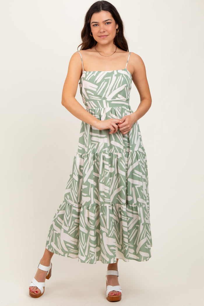 Light Olive Printed Cutout Tie Back Tiered Midi Dress