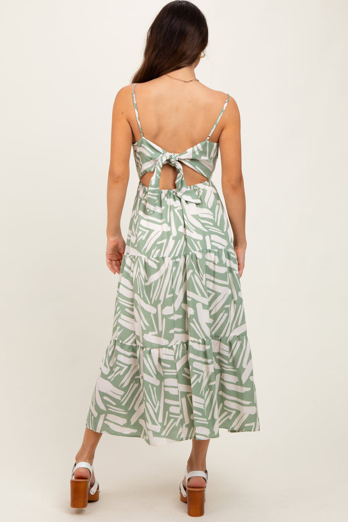 Light Olive Printed Cutout Tie Back Tiered Midi Dress