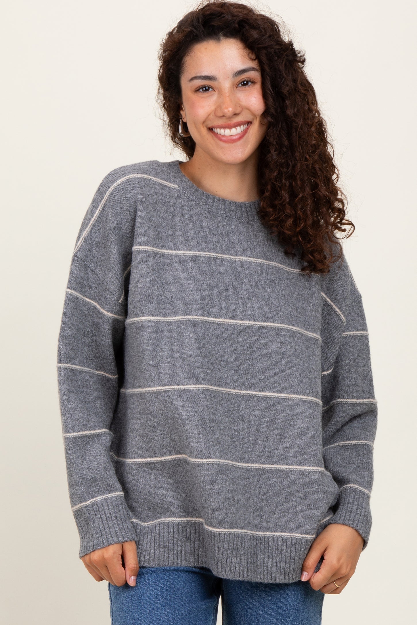 Heather Grey Striped Drop Shoulder Maternity Sweater