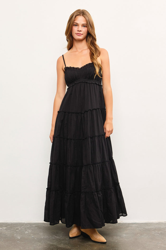 Black Shirred Bust Ruffle Tiered Maternity Maxi Dress
