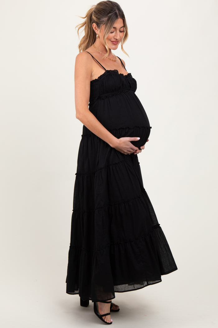 Black Shirred Bust Ruffle Tiered Maternity Maxi Dress