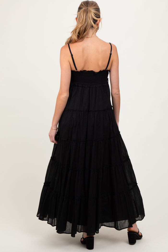 Black Shirred Bust Ruffle Tiered Maternity Maxi Dress