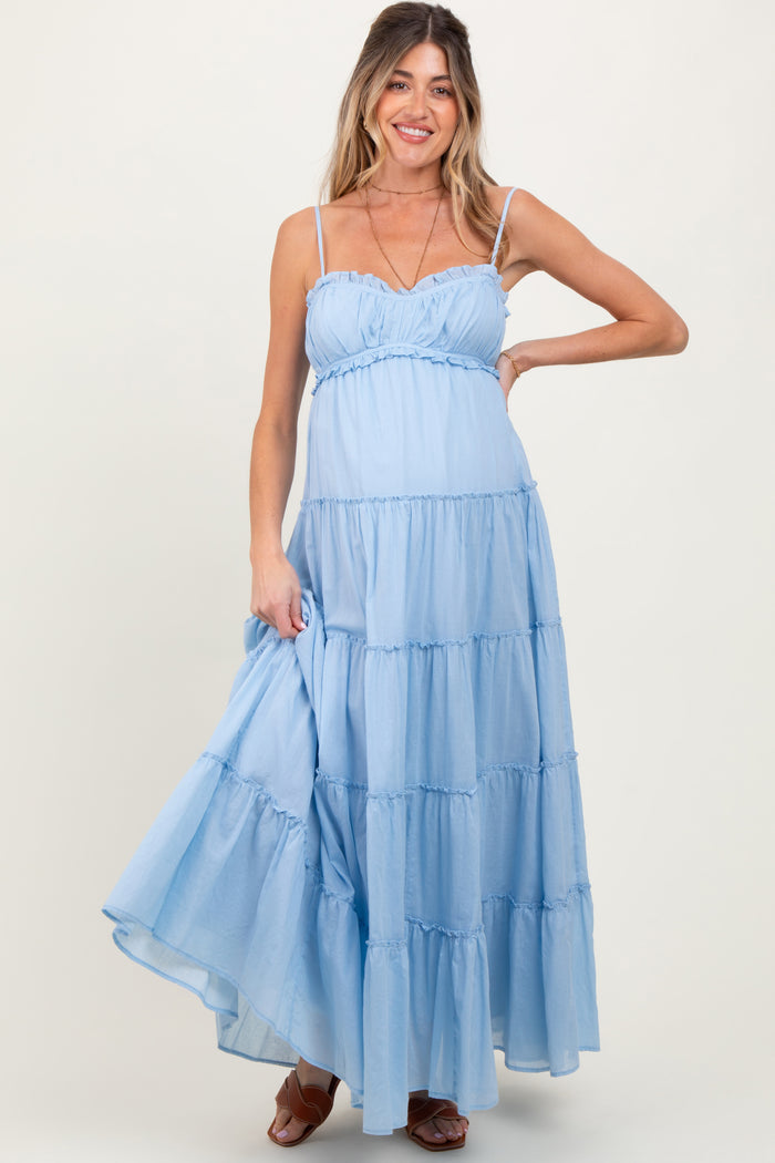 Light Blue Shirred Bust Ruffle Tiered Maternity Maxi Dress