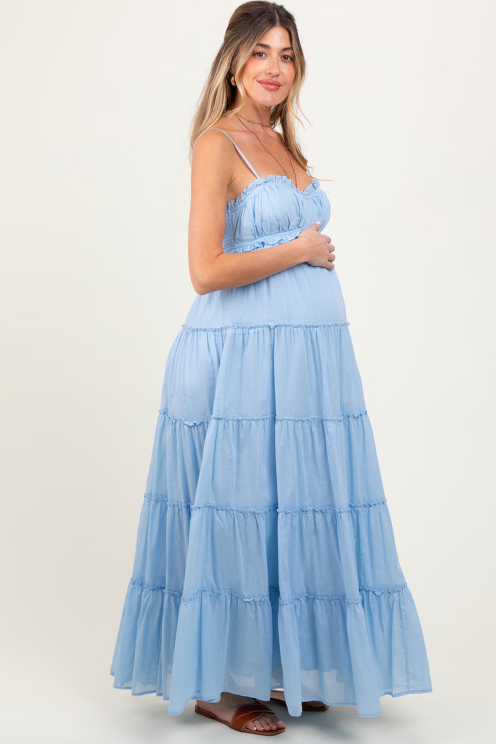 Light Blue Shirred Bust Ruffle Tiered Maternity Maxi Dress