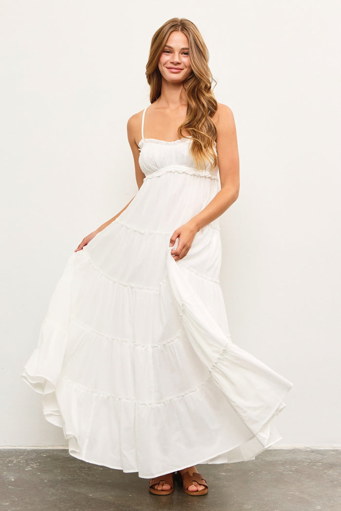 White Shirred Bust Ruffle Tiered Maternity Maxi Dress