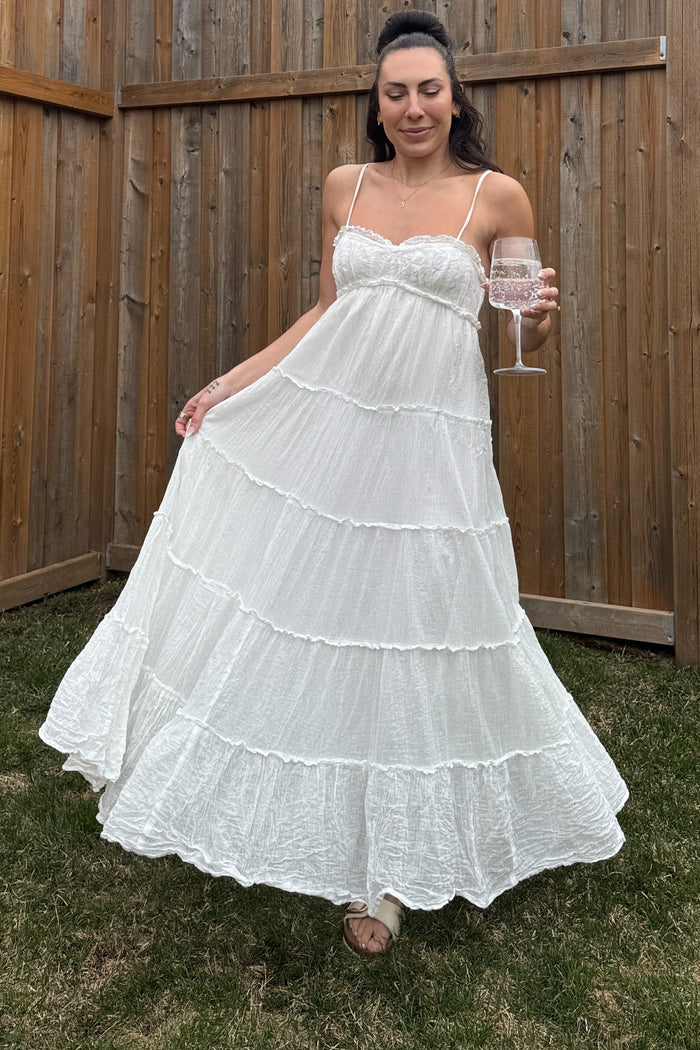 White Shirred Bust Ruffle Tiered Maxi Dress