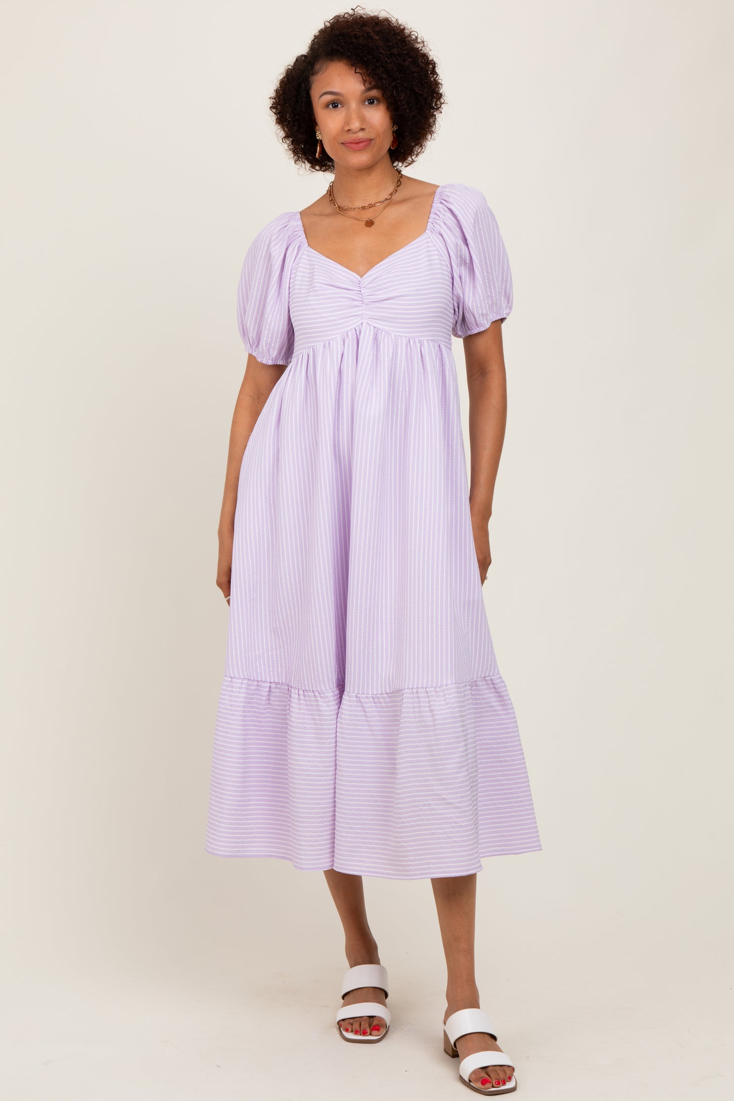 Lavender Sweetheart Stripe Smocked Back Midi Dress