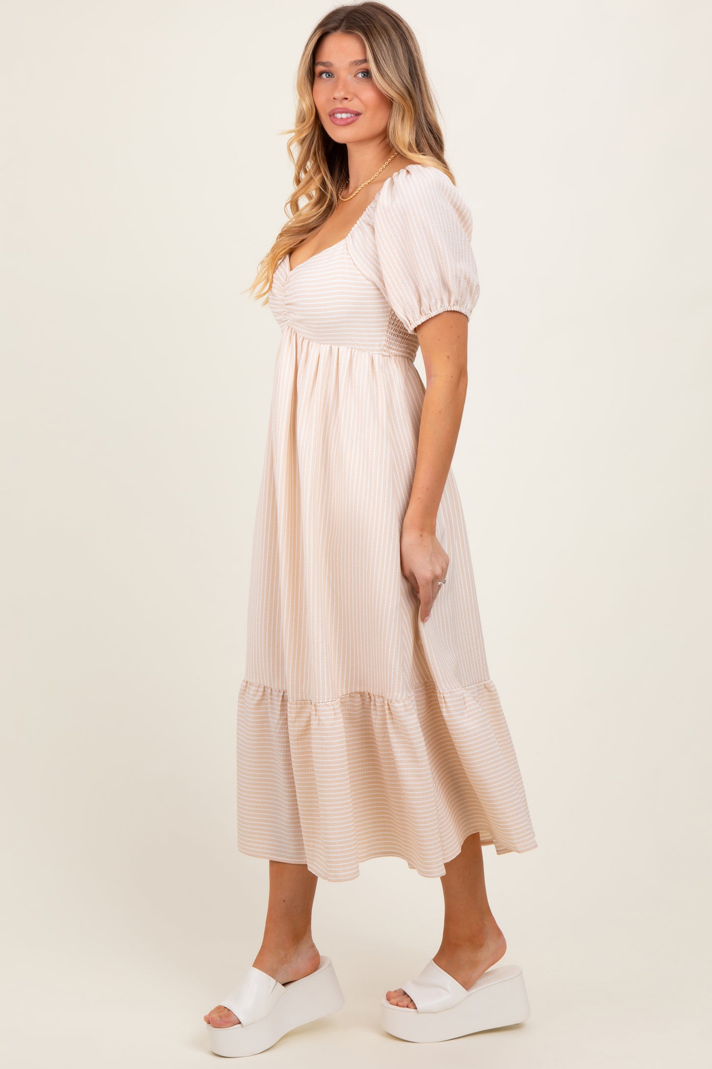 Beige Blue Sweetheart Stripe Smocked Back Midi Dress