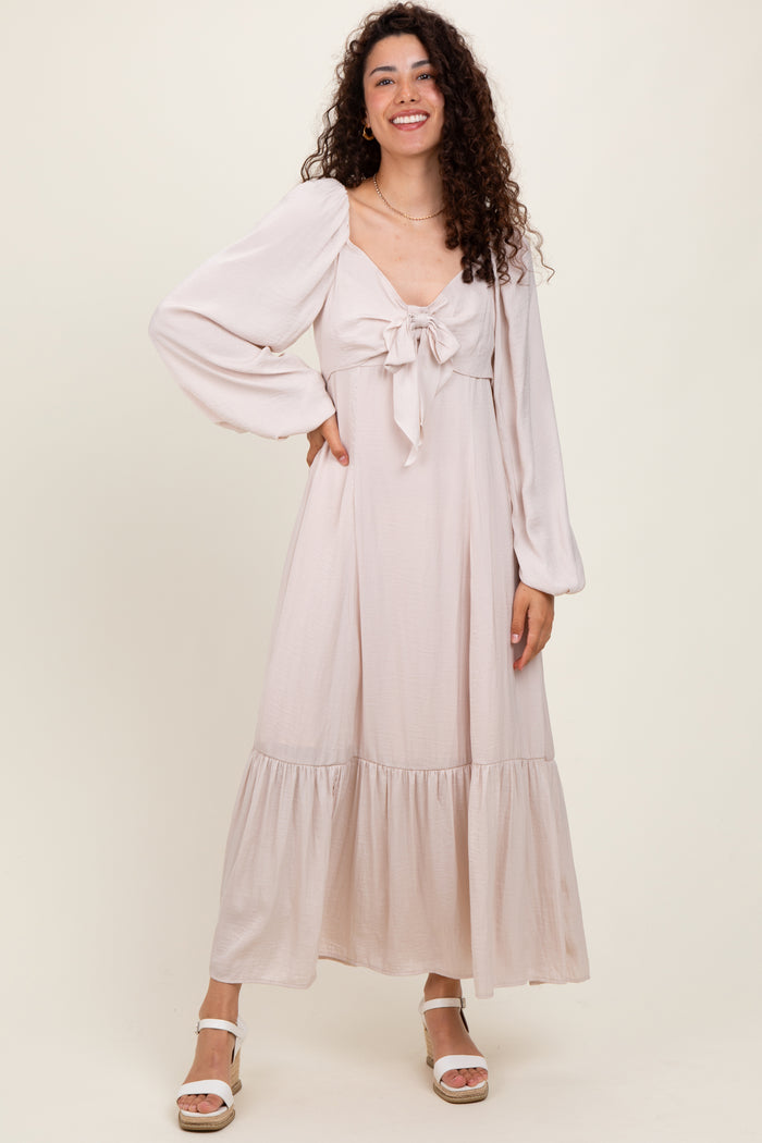 Beige Bow Satin Maxi Dress