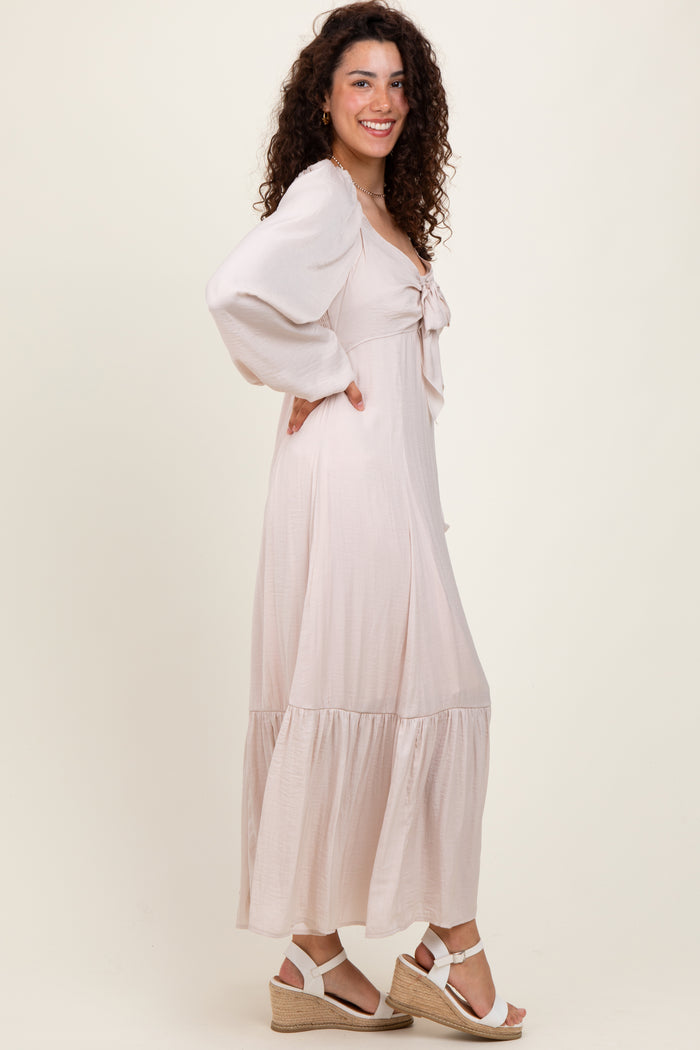 Beige Bow Satin Maxi Dress