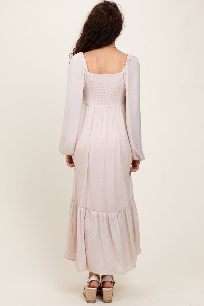 Beige Bow Satin Maxi Dress