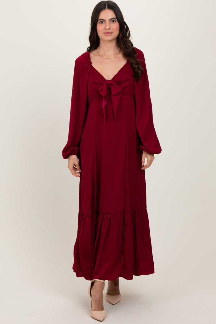 Burgundy Bow Satin Maxi Dress