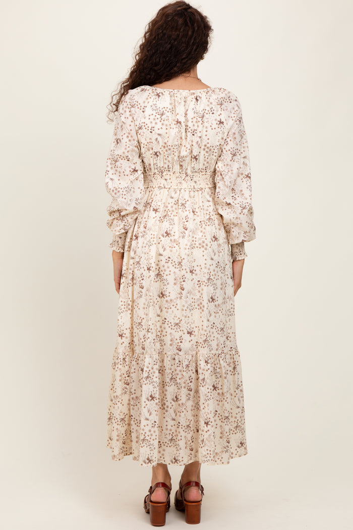 Cream Raglan Sleeve Floral Button Maxi Dress