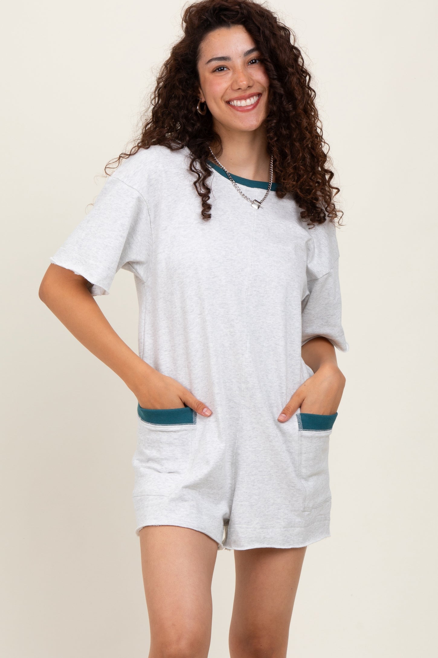 Heather Grey Cotton Terry Contrast Band Short Maternity Romper
