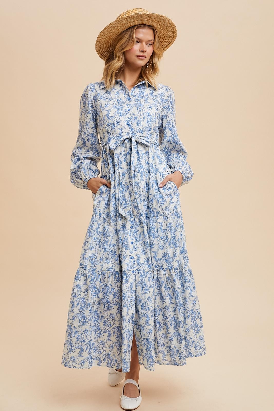 Light Blue Cotton Toile Print Button Down Maternity Maxi Dress