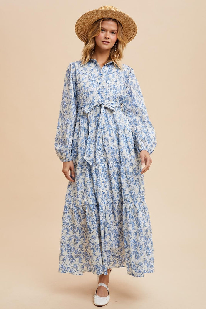 Light Blue Cotton Toile Print Button Down Maxi Dress