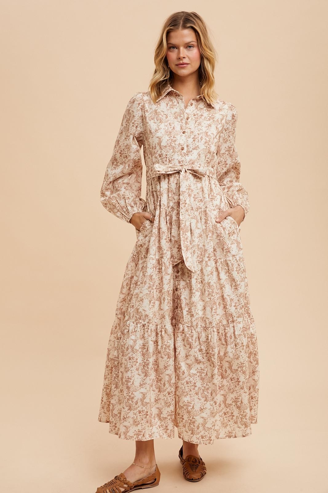 Mocha Cotton Toile Print Button Down Maternity Maxi Dress