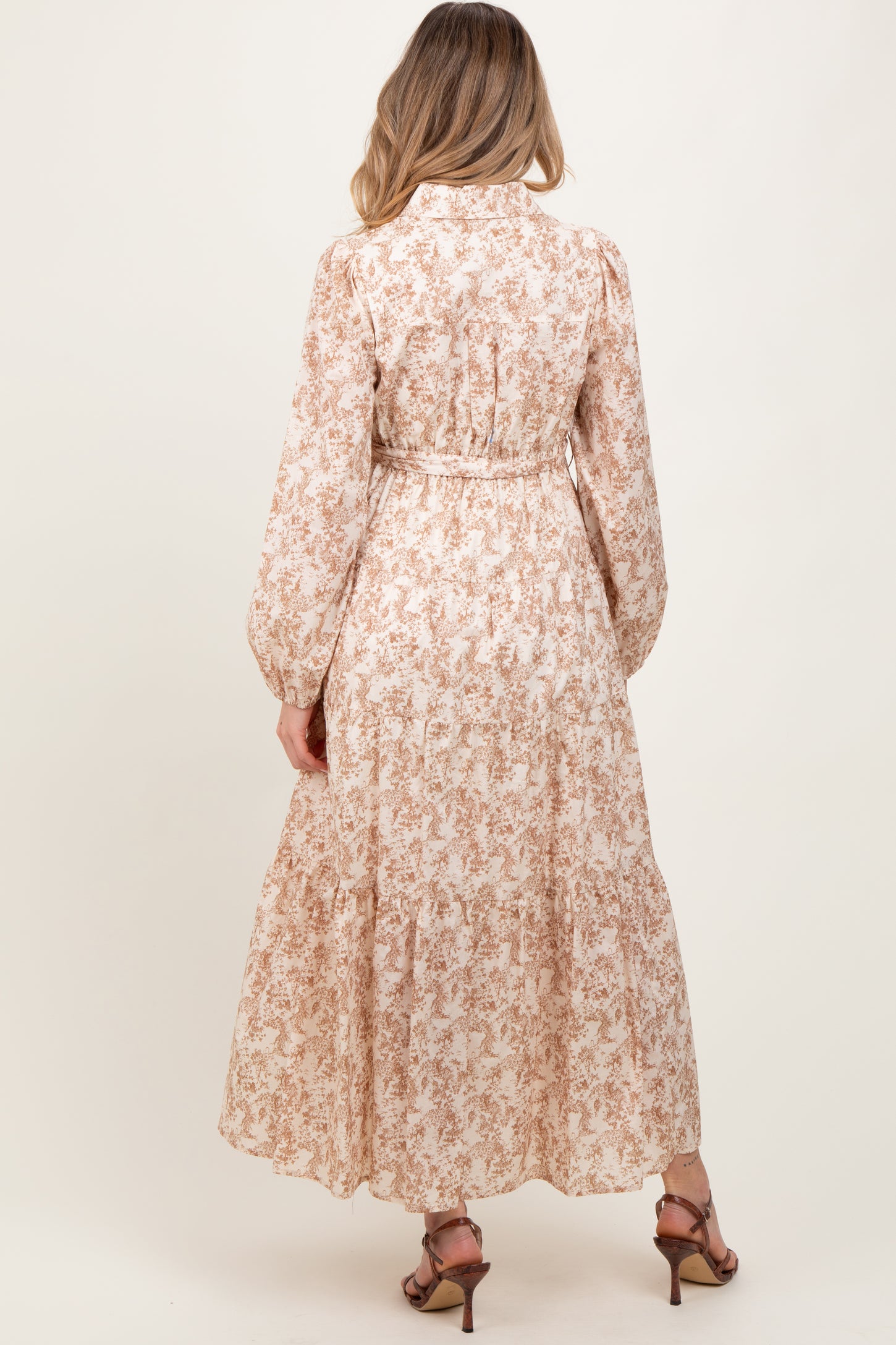 Mocha Cotton Toile Print Button Down Maternity Maxi Dress