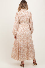 Mocha Cotton Toile Print Button Down Maternity Maxi Dress