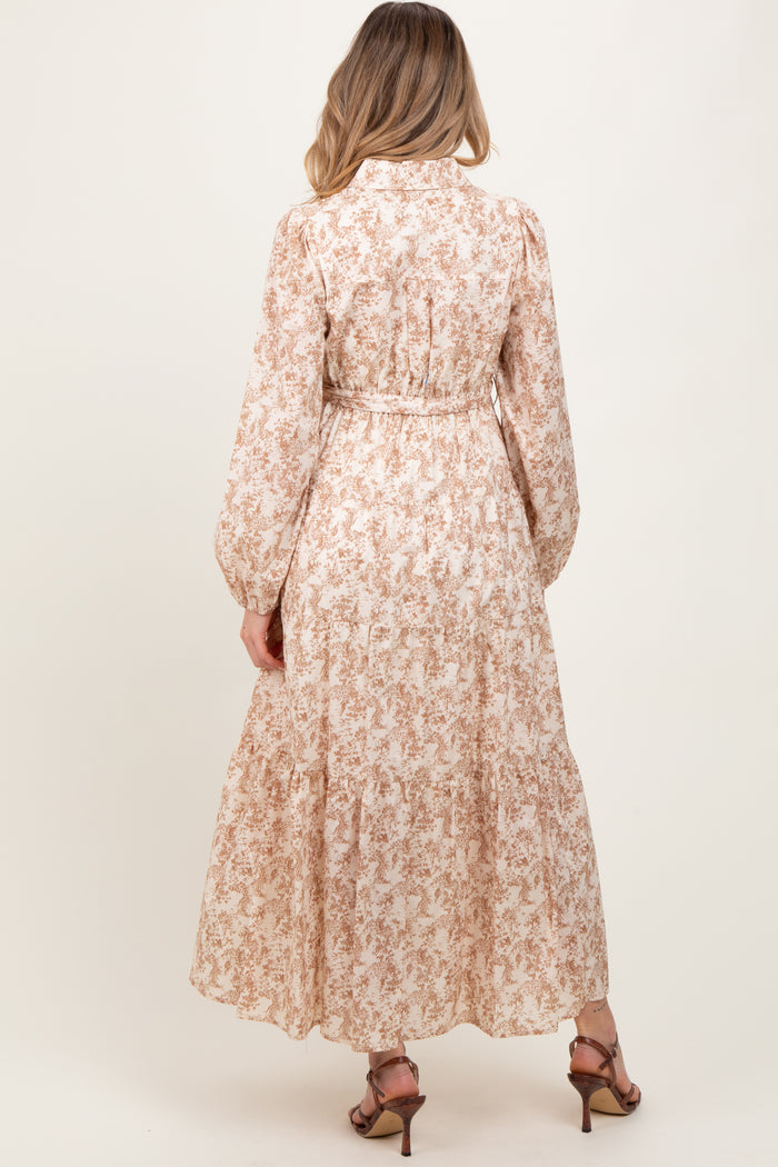 Mocha Cotton Toile Print Button Down Maternity Maxi Dress