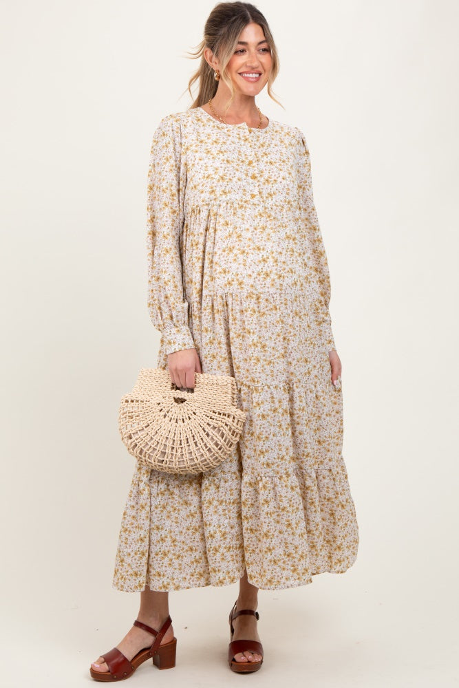 Yellow Printed Tiered Maternity Maxi Dress