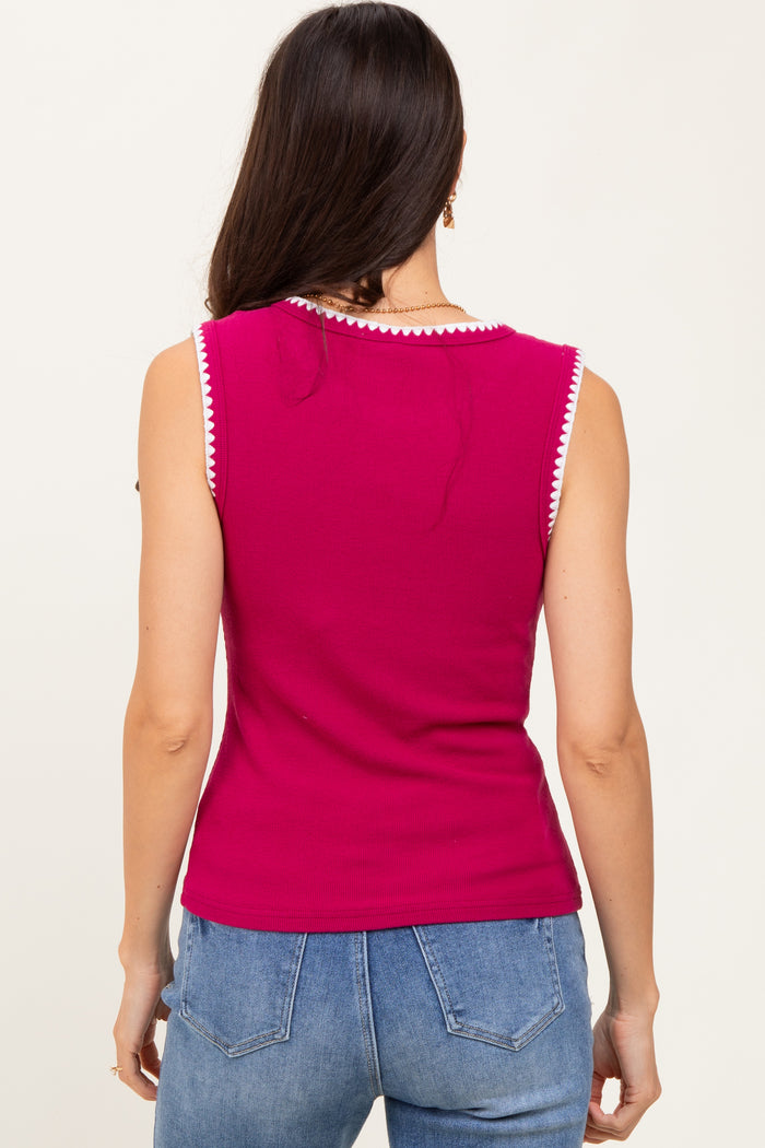 Magenta Ribbed Contrast Embroidered Sleeveless Top