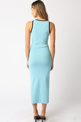 Light Blue Knit Contrast Trim Midi Dress