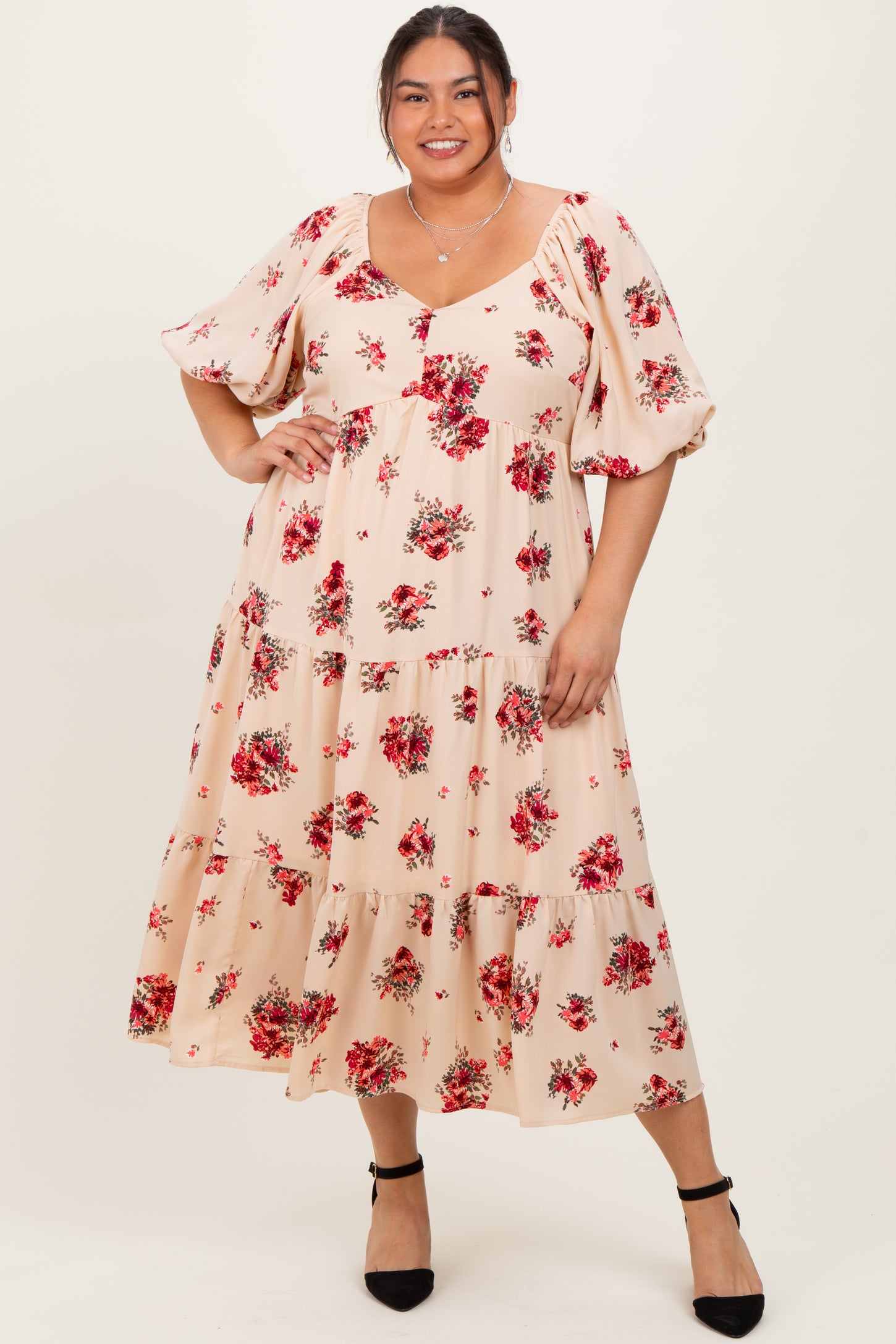 Cream Floral Puff Sleeve Plus Tiered Maxi Dress