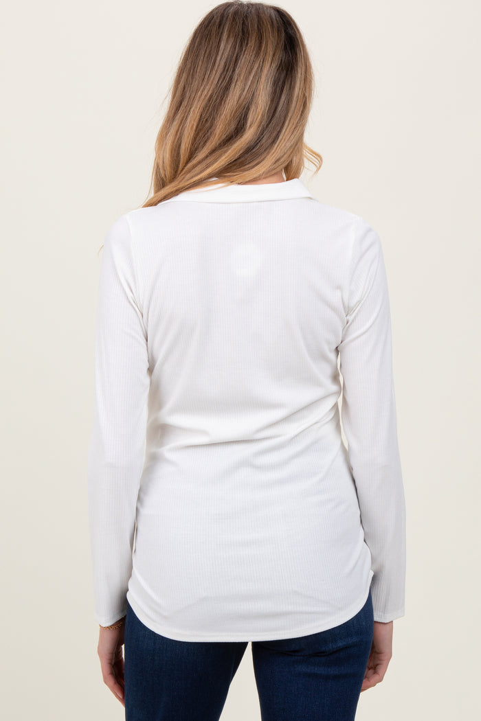 Ivory Ribbed Collared Maternity Long Sleeve Top