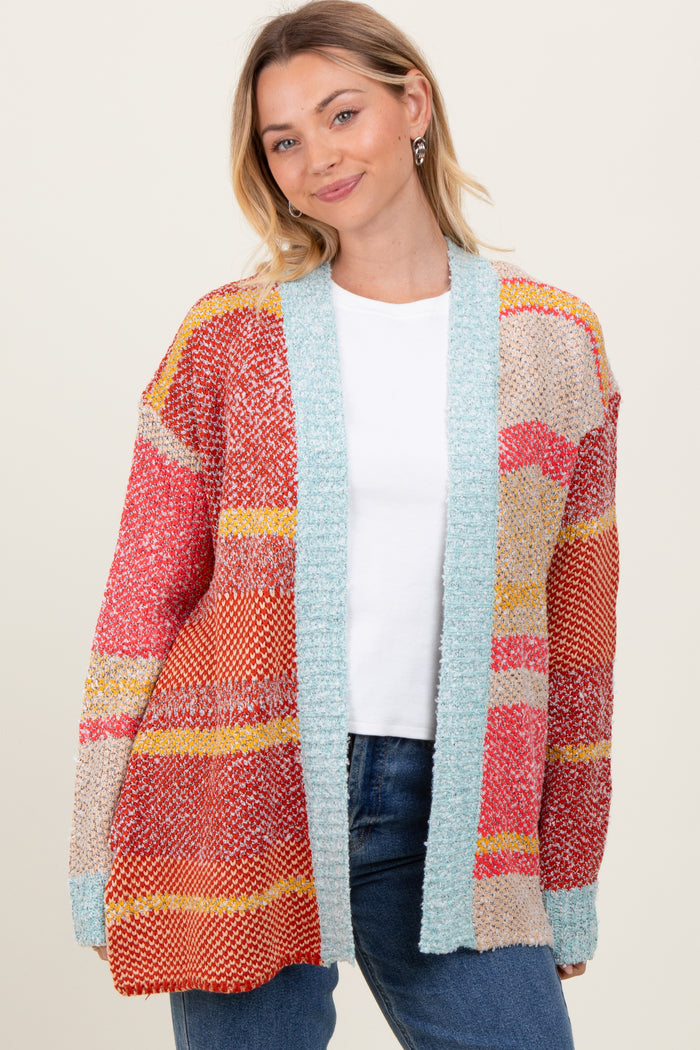 Orange Colorblock Stripe Oversized Open Maternity Cardigan