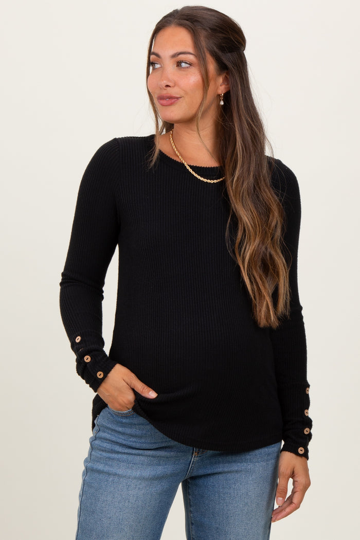 Black Ribbed Knit Button Detail Long Sleeve Maternity Top