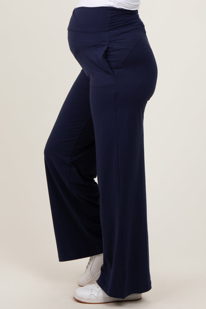 Navy Crossover Waist Active Wide Leg Maternity Pant