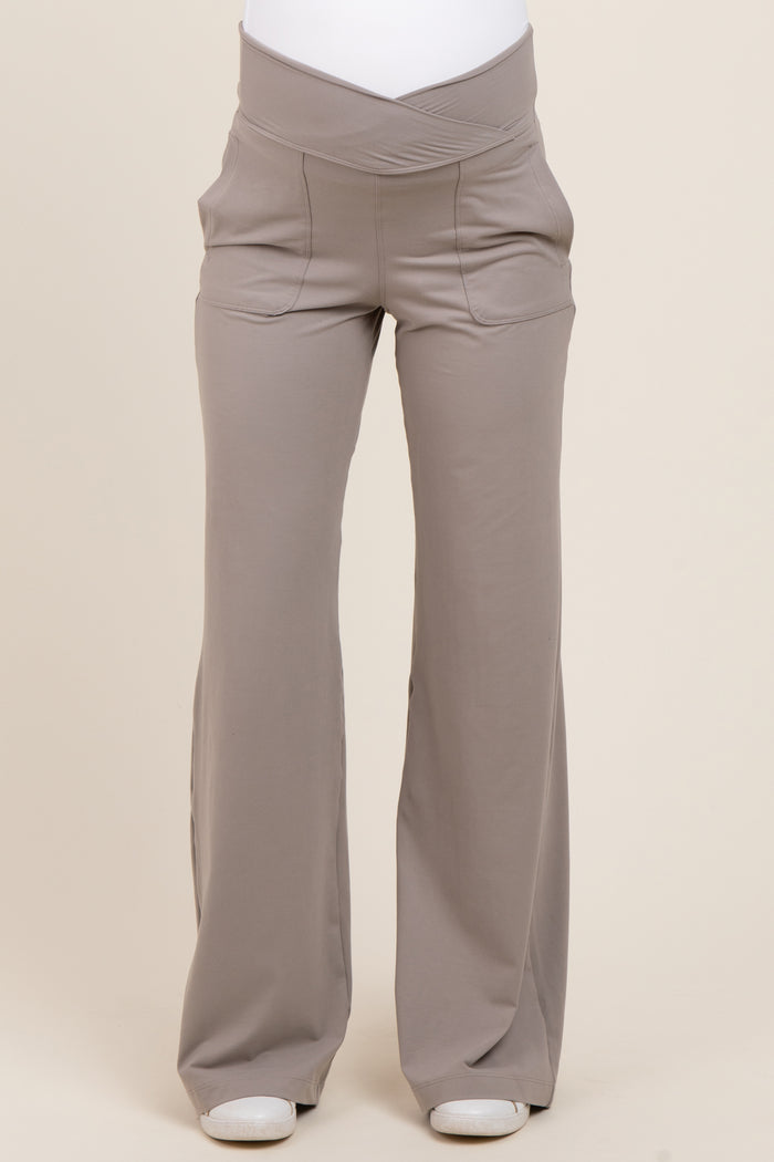 Light Taupe Crossover Waist Active Wide Leg Maternity Pant