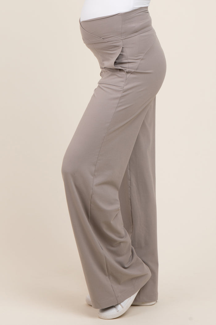 Light Taupe Crossover Waist Active Wide Leg Maternity Pant