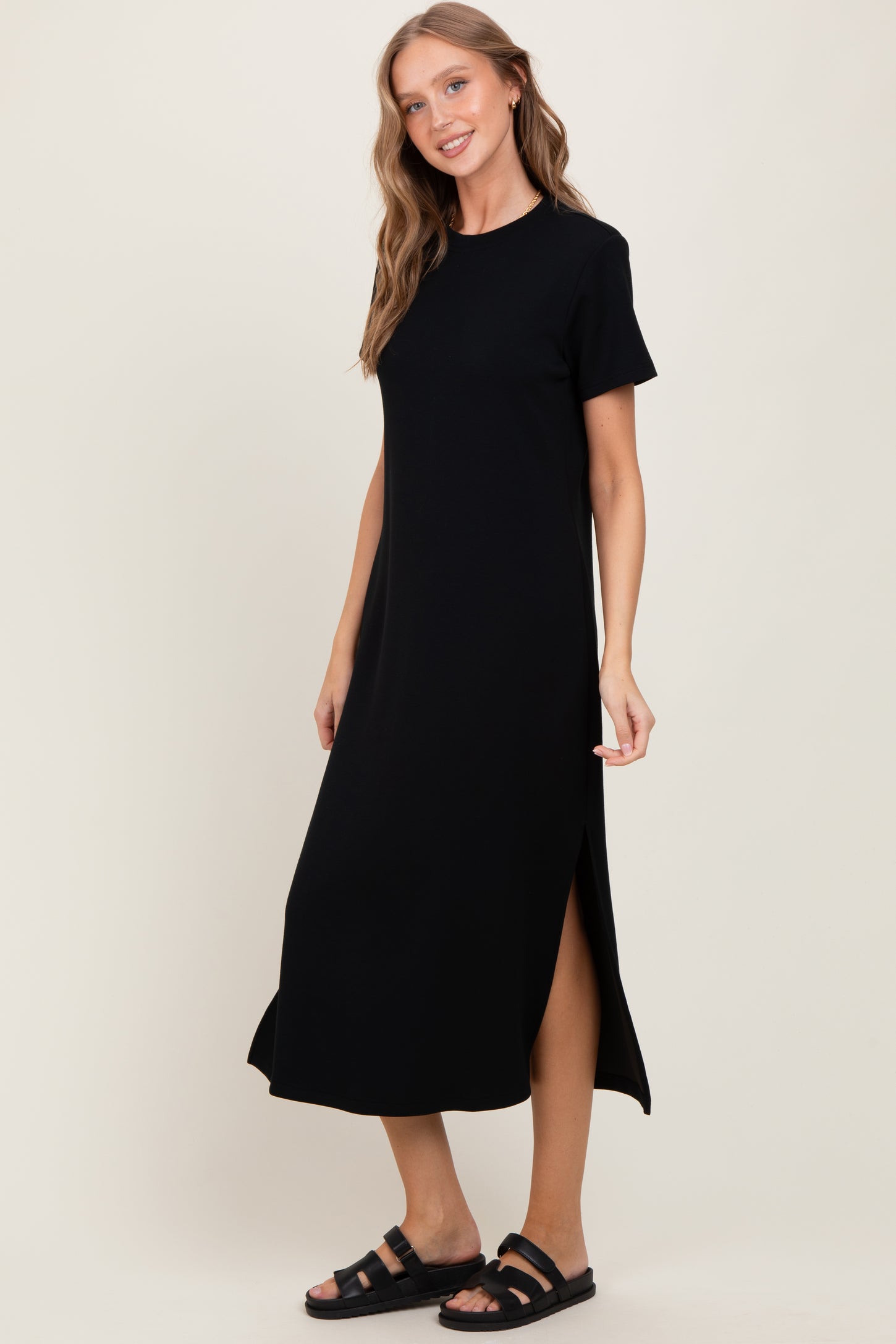 Black Basic Side Slit Short Sleeve Midi Dress