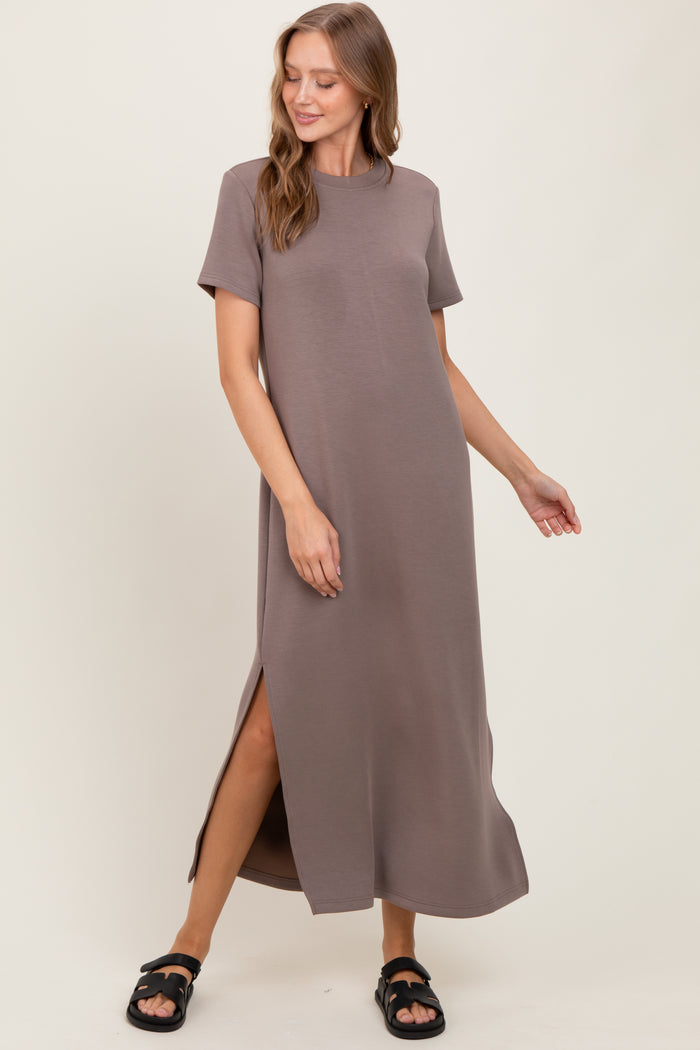 Taupe Basic Side Slit Short Sleeve Midi Dress